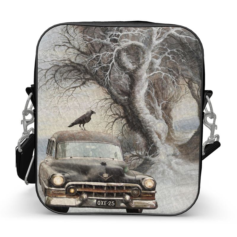 Old Car & Crow Fantasy Leather Messenger Bag Black Leather Shoulder Bag