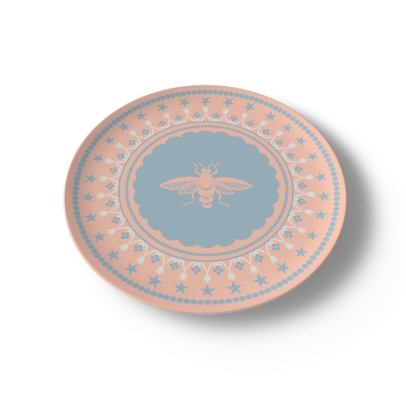 St Ruf Rococo Pink on Blue China Plate with Pink Insect (10.4 in) Tableware Dinner Plate