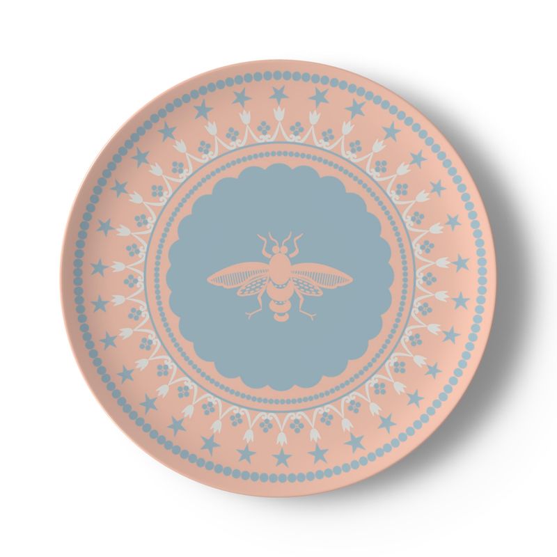 St Ruf Rococo Pink on Blue China Plate with Pink Insect (10.4 in) Tableware Dinner Plate