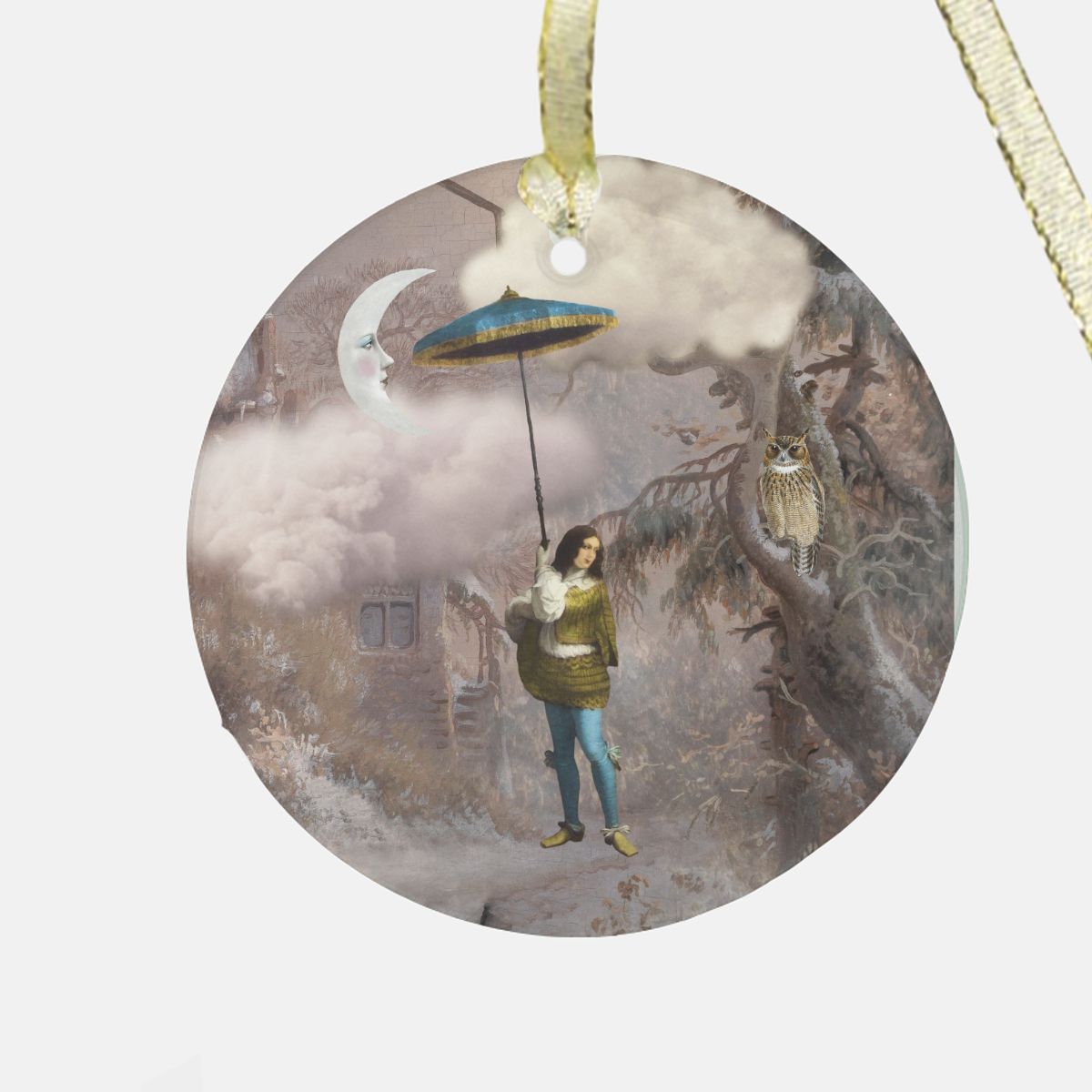 Man Under an Umbrella Listening to a Snowy Owl Christmas Ornament - Clear Glass (Round)