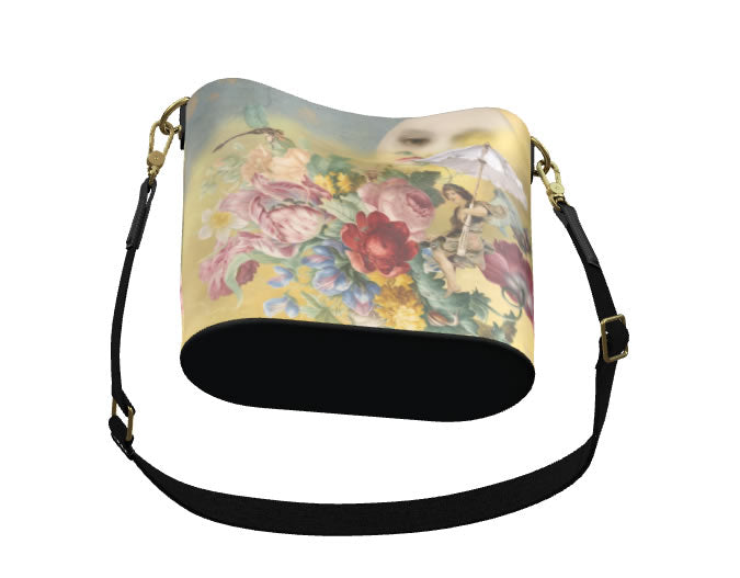 Flying to the Moon with an Umbrella Fantasy Bucket Tote Leather Handbag