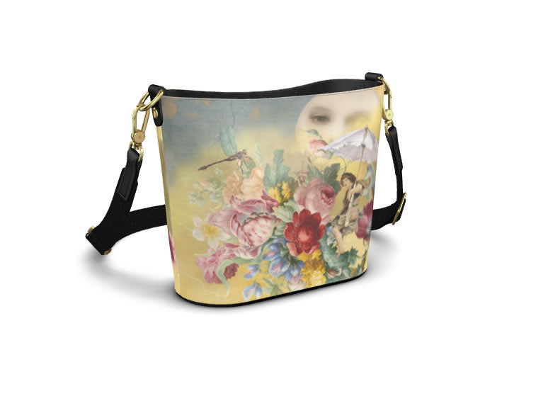 Flying to the Moon with an Umbrella Fantasy Bucket Tote Leather Handbag