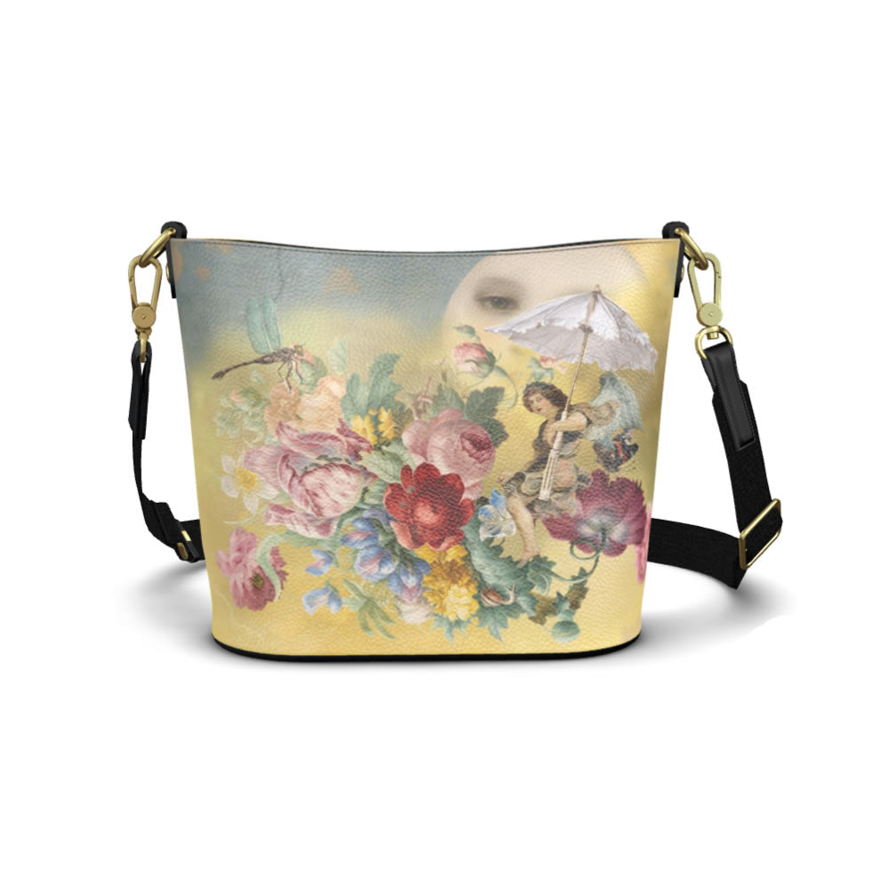 Flying to the Moon with an Umbrella Fantasy Bucket Tote Leather Handbag