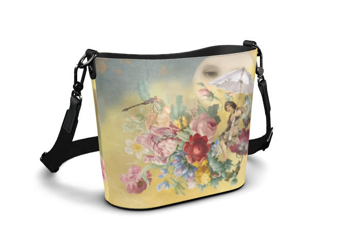 Flying to the Moon with an Umbrella Fantasy Bucket Tote Leather Handbag