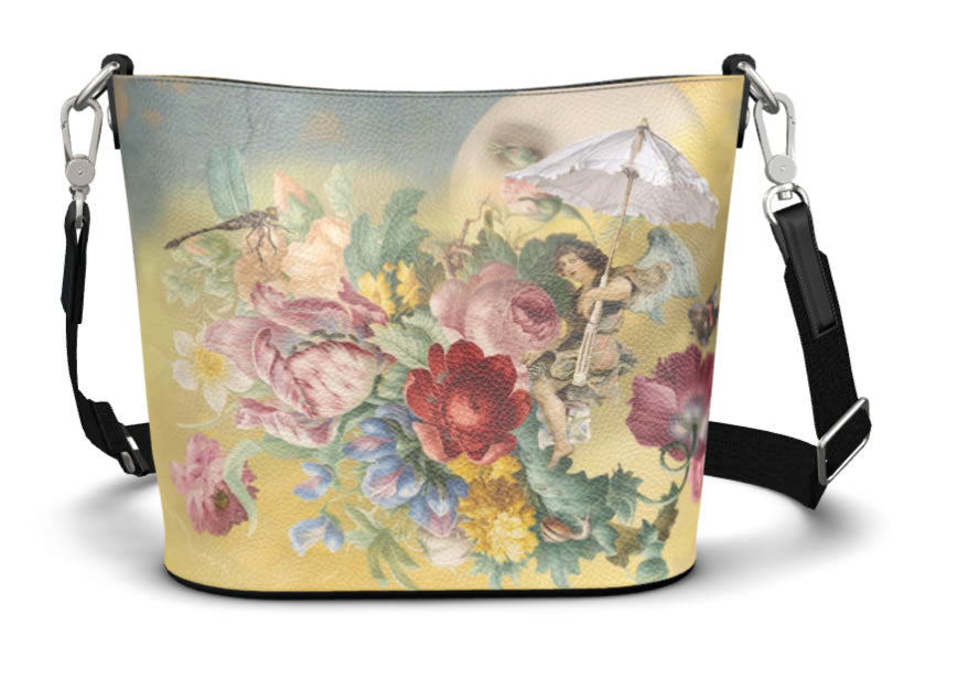 Flying to the Moon with an Umbrella Fantasy Bucket Tote Leather Handbag