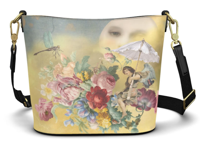 Flying to the Moon with an Umbrella Fantasy Bucket Tote Leather Handbag