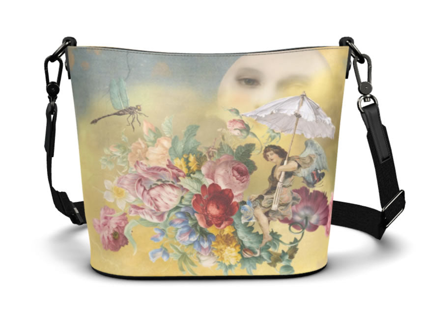 Flying to the Moon with an Umbrella Fantasy Bucket Tote Leather Handbag