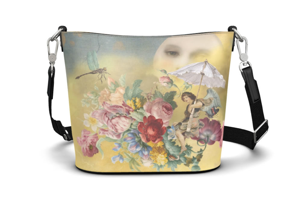 Flying to the Moon with an Umbrella Fantasy Bucket Tote Leather Handbag