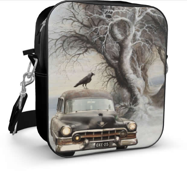 Old Car & Crow Fantasy Leather Messenger Bag Black Leather Shoulder Bag