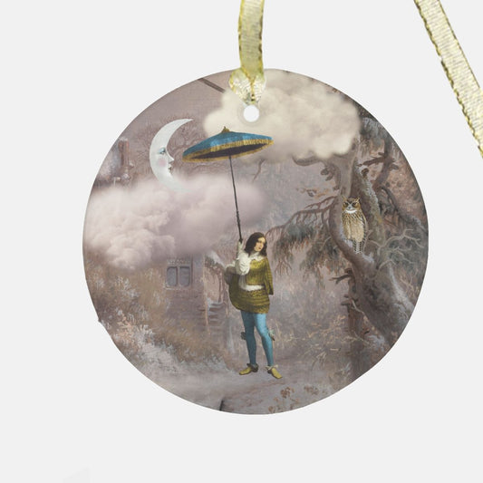 Man Under an Umbrella Listening to a Snowy Owl Christmas Ornament - Clear Glass (Round)